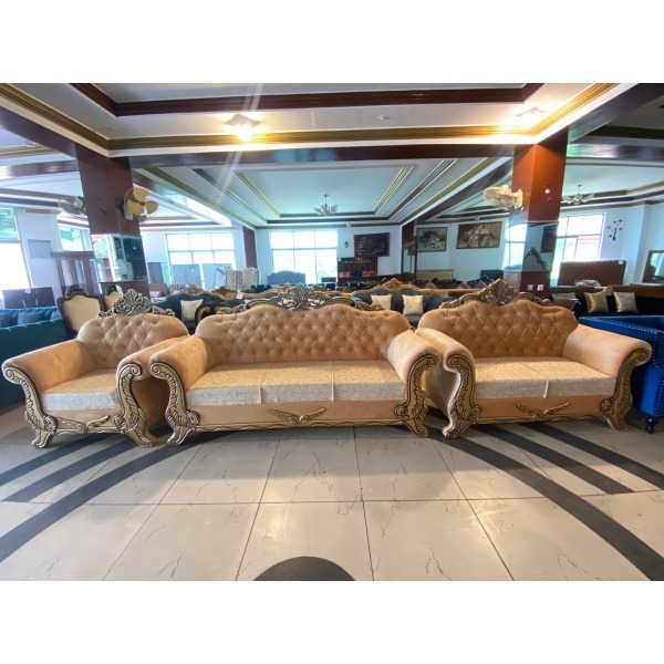"6-seater royal sofa set in golden beige with hand-carved wooden frame and velvet upholstery"